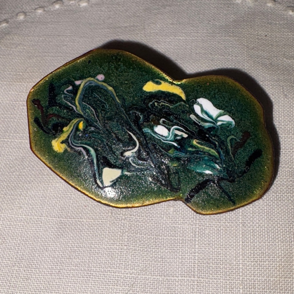 Vintage Artisan Green and Yellow EnamelBrooch